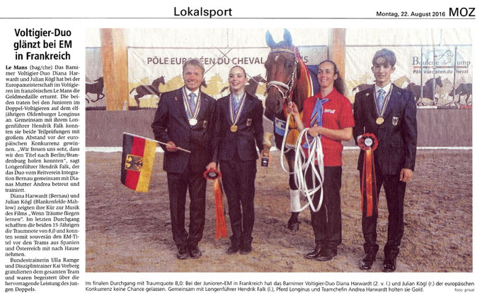 Goldmedaille für das Voltigierduo des RVI bei der Junioren-EM, erschienen am 22.08.2016 in der MOZ