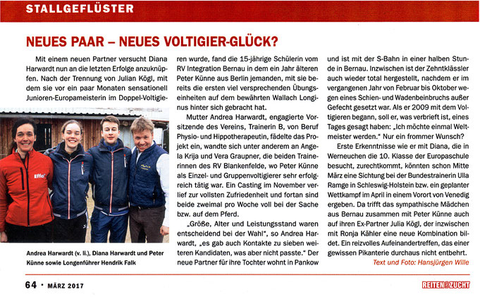 Das neue Voltigierduo für den RVI, erscheinen in der März 2017 Ausgabe "Reiten und Zucht"