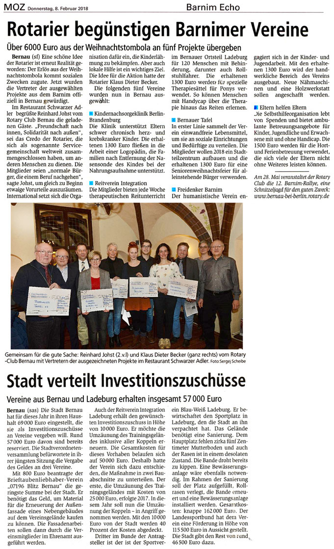 Der RVI erhält Investitionszuschüsse von den Rotariern und der Stadt Bernau, erschienen am 08.02.2018 in der MOZ