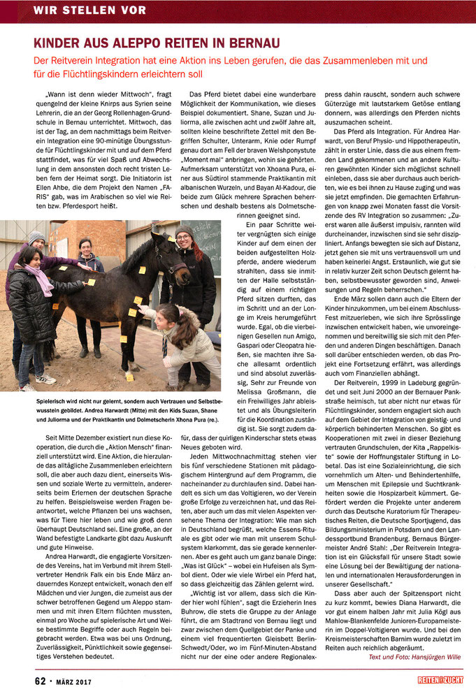 Der RVI ruft Aktion "FARIS" für Flüchtlingskinder ins Leben, dieser Artikel erschien in der März 2017 Ausgabe "Reiten und Zucht"