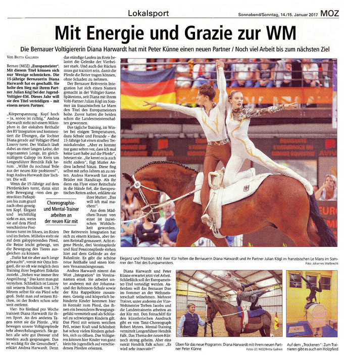 Das Voltigierduo des RVI  will den EM-Titel verteidigen, erschienen am 14./15.01.2017 in der MOZ
