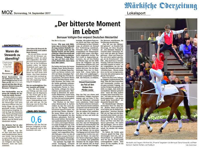 Das Voltigierduo des RVI verpasst den Deutschen Meistertitel, erschienen in der MOZ am 14.09.2017