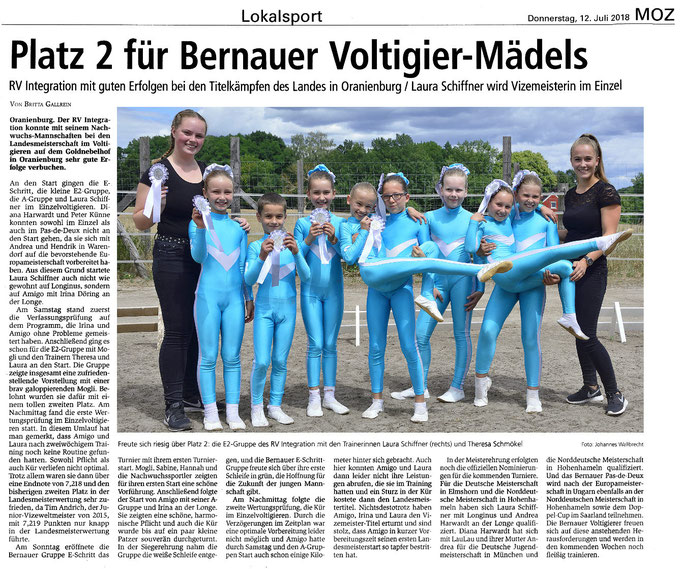 Zweiter Platz für die E2-Gruppe und Nominierungen für weitere Meisterschaften für die Voltigierer des RVI, dieser Artikel erschien am 12.07.2018 in der MOZ