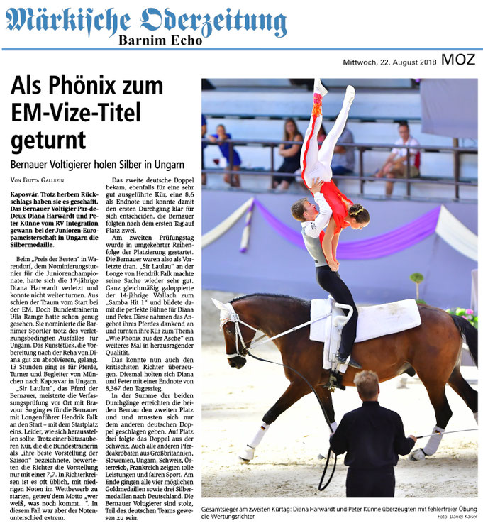 Das Volti-Duo des RVI wird Vize-Meister bei der Junioren-EM, erschienen in der MOZ am 22.08.2018