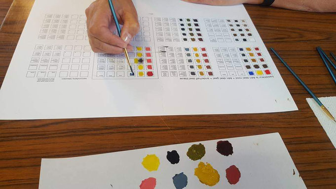 Leerlingen krijgen les in kleuren mengen 