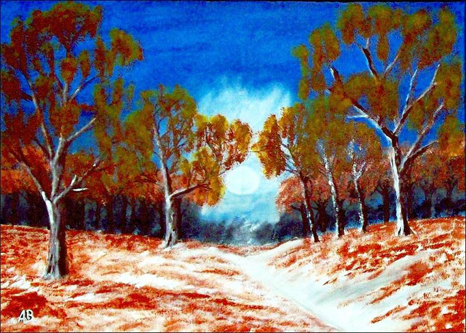 Winterlandschaft-Acrylmalerei-Bäume-Wald-Gras-Pflanzen-Büsche-Schnee-Weg-Himmel-Wolken-zeitgenössische Malerei-Acrylbild-Acrylgemälde-Landschaftsmalerei