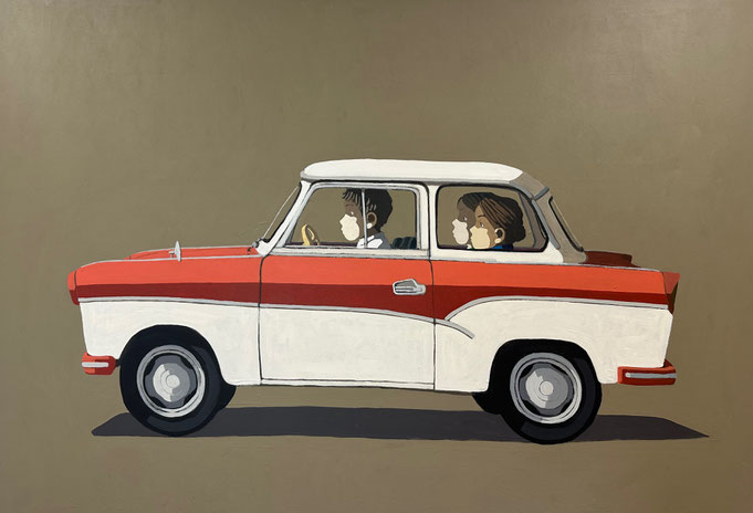 three in a car - Acryl auf Leinwand, 130x190cm, 2024 | verkauft