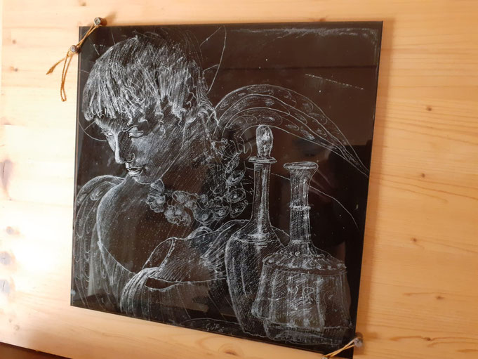 Angelo dell'acqua - incisione su vetro applicata a tavola di legno
