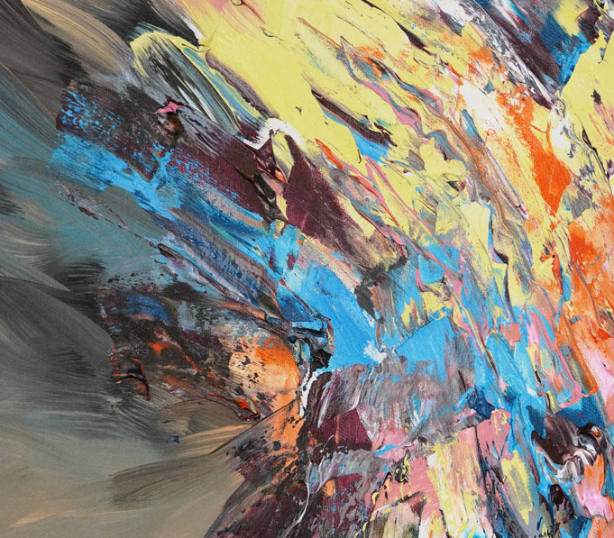 Detail des abstrakten Gemäldes. Rot buntes, detailliertes Acrylbild auf Leinwand 