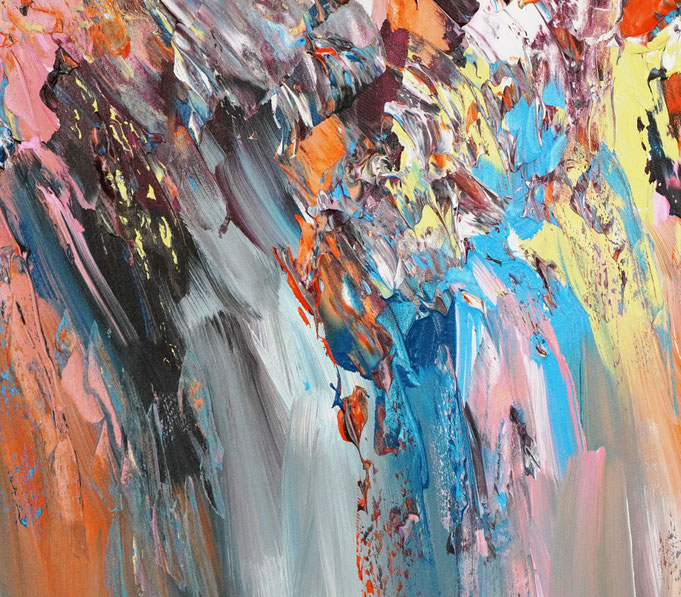 Detail des abstrakten Gemäldes. Rot buntes, detailliertes Acrylbild auf Leinwand 