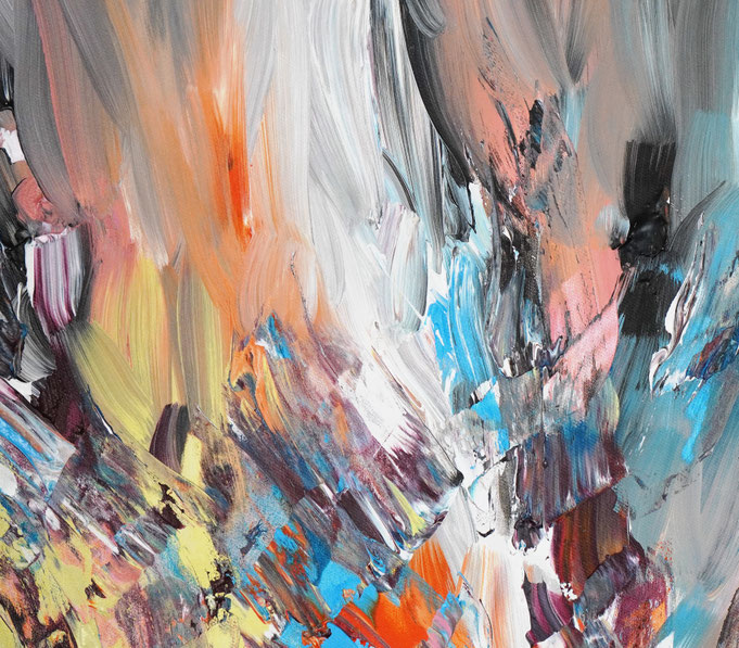Detail des abstrakten Gemäldes. Rot buntes, detailliertes Acrylbild auf Leinwand 