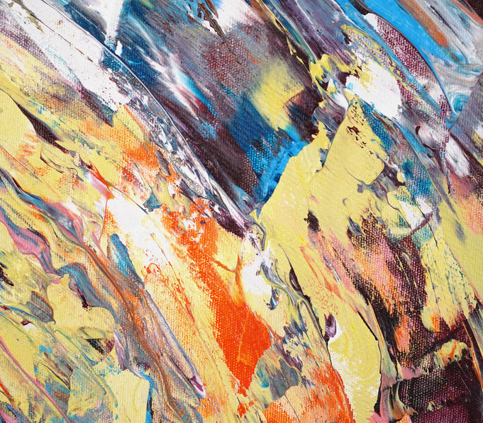 Detail des abstrakten Gemäldes. Rot buntes, detailliertes Acrylbild auf Leinwand 