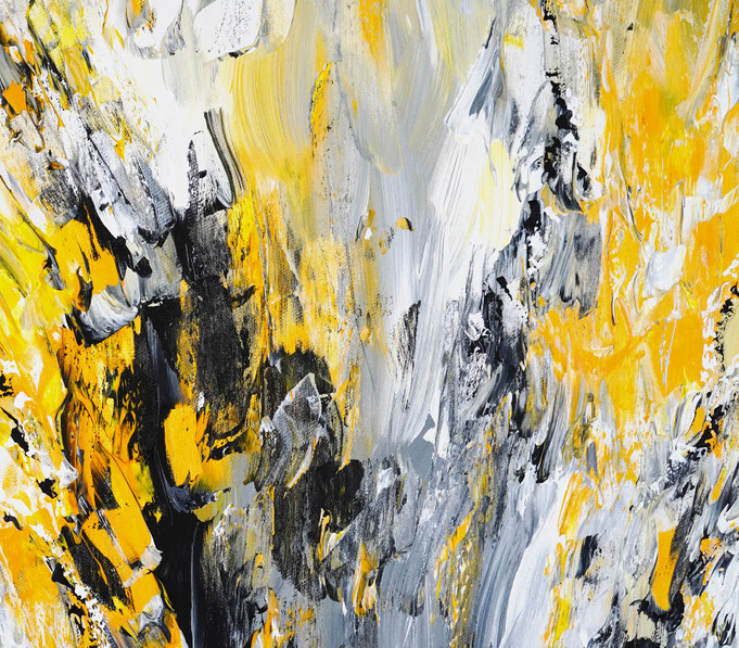 Detail des abstrakten Gemäldes. Gelb graues, detailliertes Acrylbild auf Leinwand 