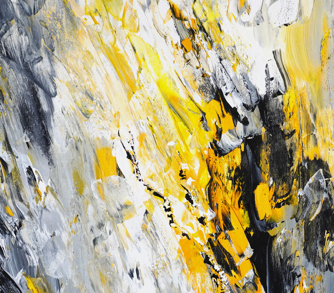 Detail des abstrakten Gemäldes. Gelb graues, detailliertes Acrylbild auf Leinwand 