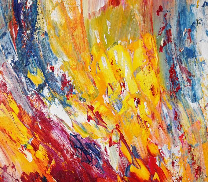 Detail des abstrakten Gemäldes. Rot buntes, detailliertes Acrylbild auf Leinwand 