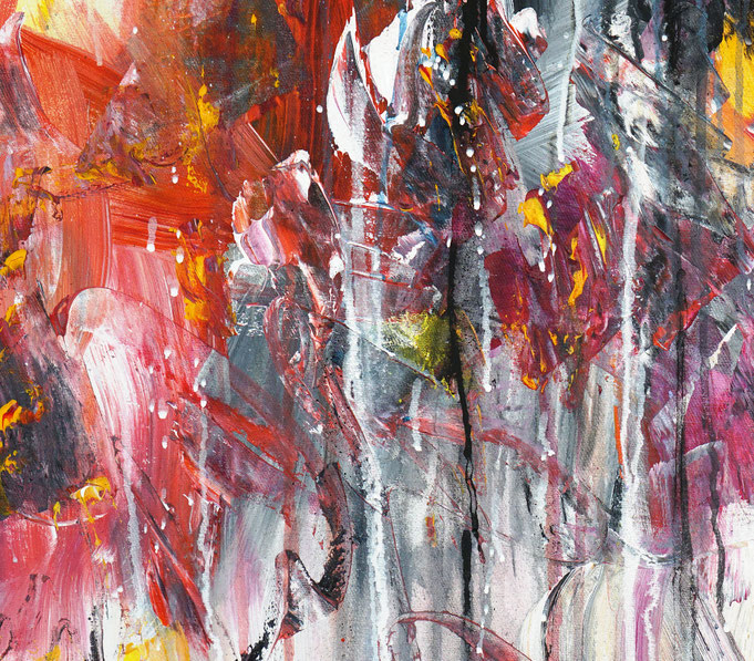 Detail des abstrakten Gemäldes. Rot buntes, detailliertes Acrylbild auf Leinwand 