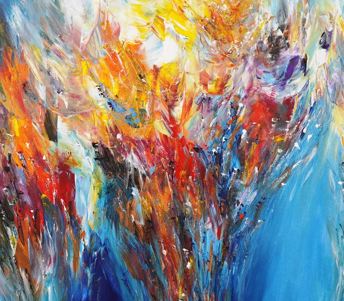 Detail des abstrakten, lebhaften Gemäldes im Großformat, Acryl auf 3,6 qm Leinwand