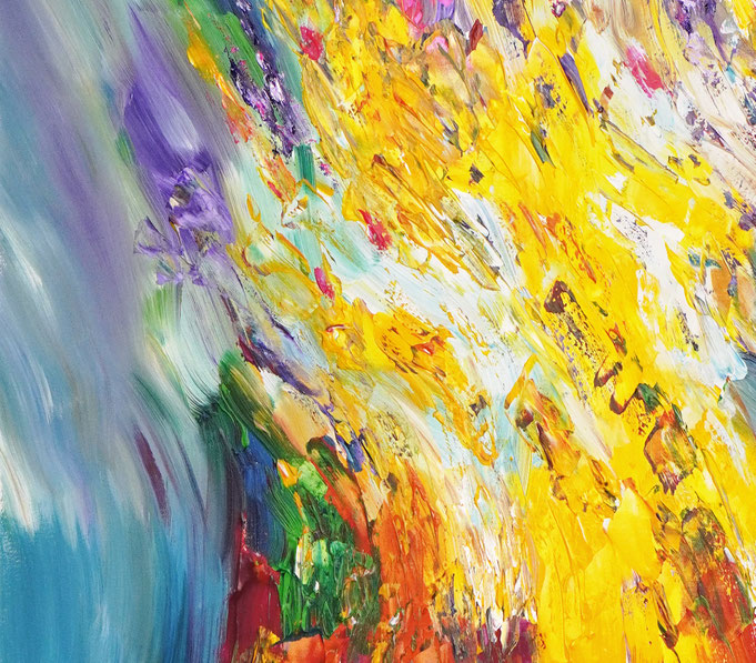 Detail des abstrakten Gemäldes. Rot buntes, detailliertes Acrylbild auf Leinwand 
