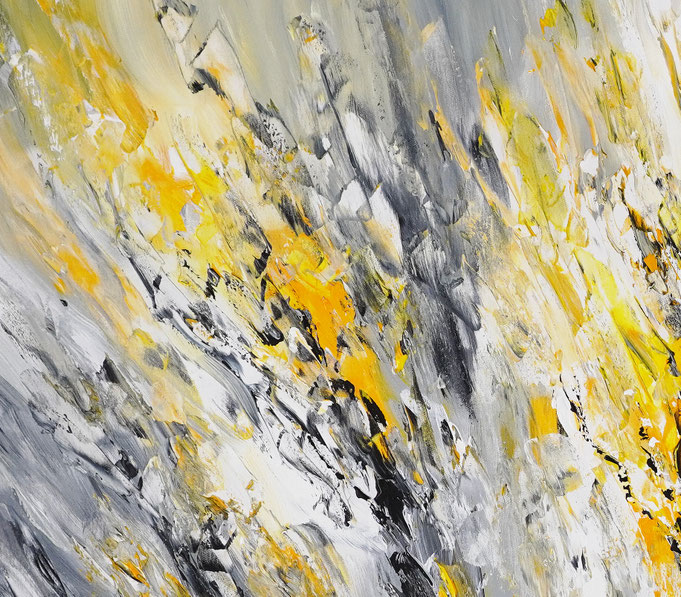 Detail des abstrakten Gemäldes. Gelb graues, detailliertes Acrylbild auf Leinwand 