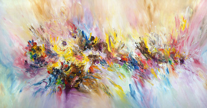 Farbkräftiges, abstraktes Acrylbild auf Leinwand.