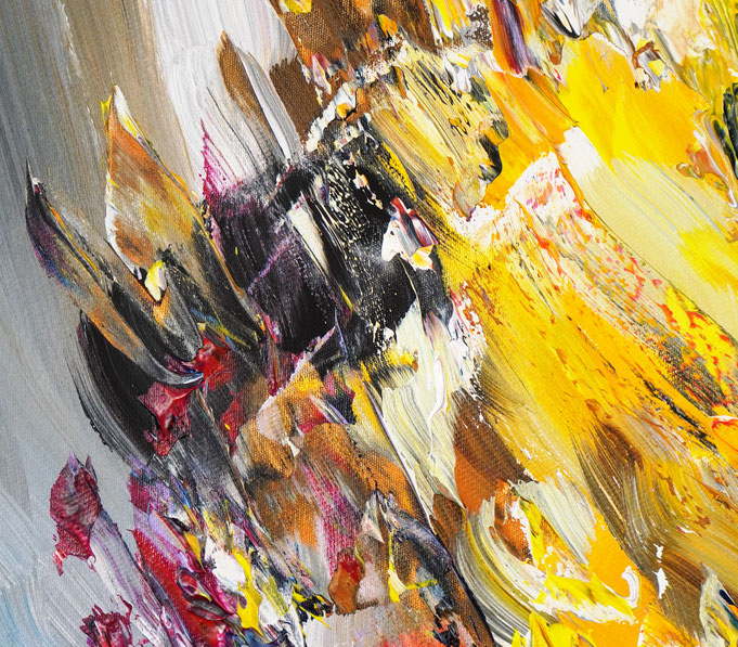 Detail des abstrakten Gemäldes. Rot buntes, detailliertes Acrylbild auf Leinwand 
