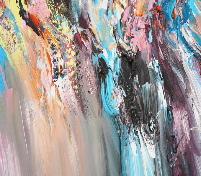 Detail des abstrakten Gemäldes. Rot buntes, detailliertes Acrylbild auf Leinwand 