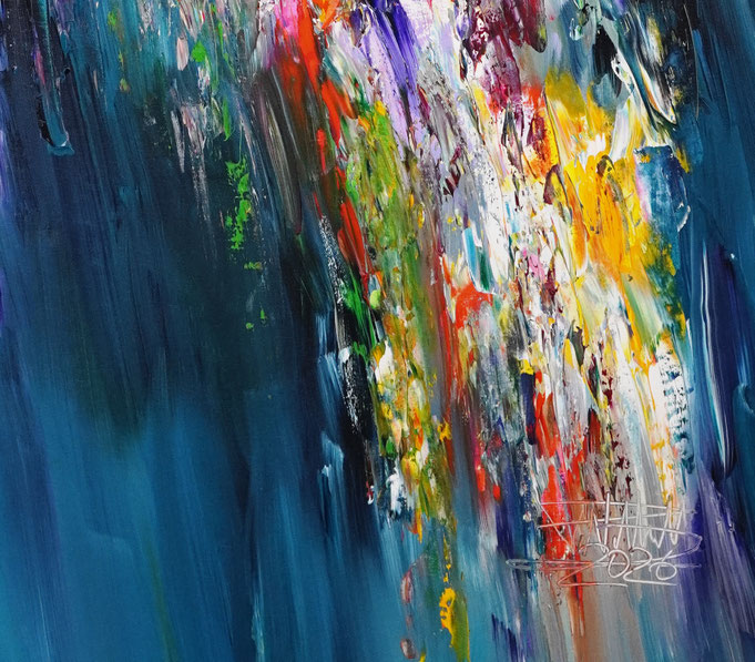 Detailfoto des abstrakten, blau bunten Gemäldes im Hochformat von dem Kunstmaler Peter Nottrott