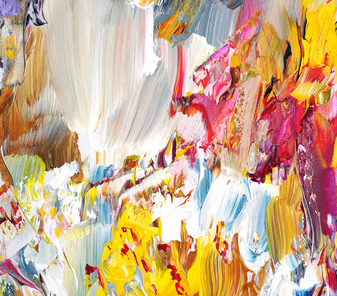 Detail des abstrakten Gemäldes. Rot buntes, detailliertes Acrylbild auf Leinwand 