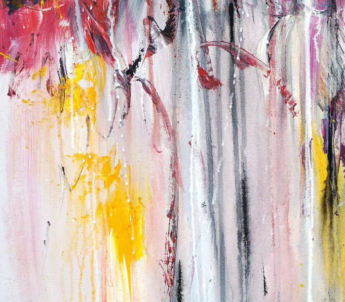 Detail des abstrakten Gemäldes. Rot buntes, detailliertes Acrylbild auf Leinwand 