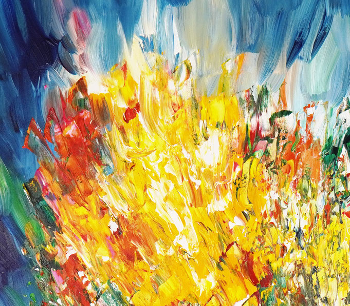 Detail des abstrakten Gemäldes. Rot buntes, detailliertes Acrylbild auf Leinwand 