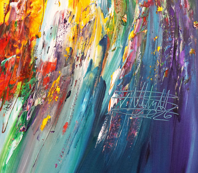 Detail des abstrakten Gemäldes. Rot buntes, detailliertes Acrylbild auf Leinwand 