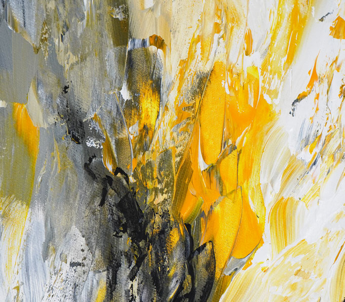 Detail des abstrakten Gemäldes. Gelb graues, detailliertes Acrylbild auf Leinwand 