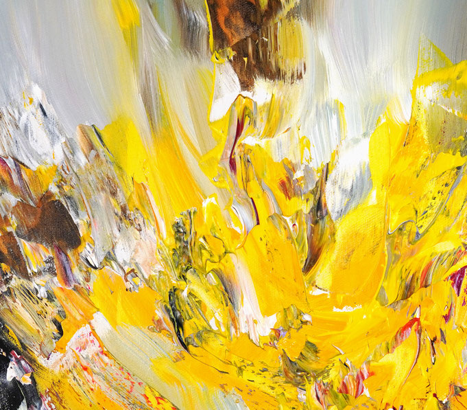 Detail des abstrakten Gemäldes. Rot buntes, detailliertes Acrylbild auf Leinwand 