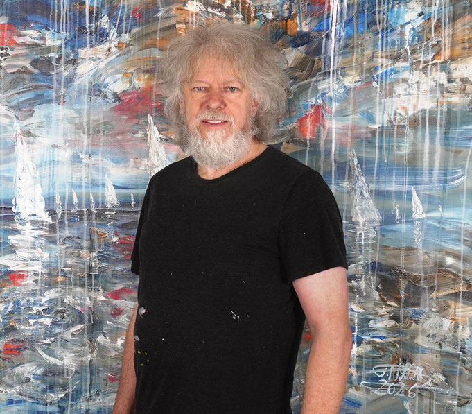 Kunstmaler Peter Nottrott mit seinem Segelbootgemälde Stormy Sailing Far Away XXL 1