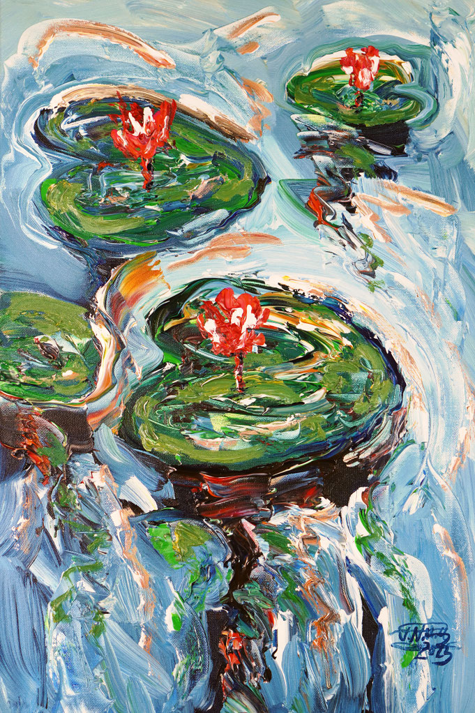 Seerosengemälde von Peter Nottrott im Hochformat 60 x 40