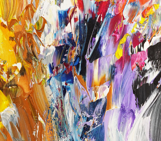 Detail des abstrakten Gemäldes. Rot buntes, detailliertes Acrylbild auf Leinwand 