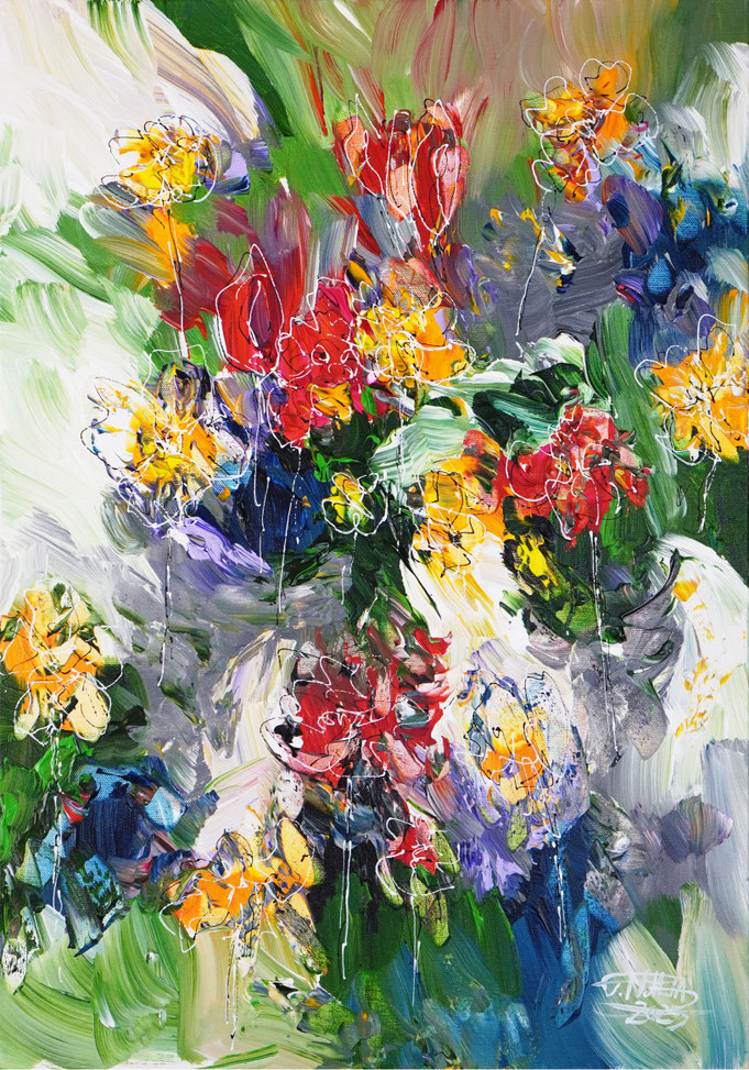 Blumengemälde von Peter Nottrott im Hochformat 70 x 50