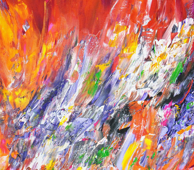 Detail des abstrakten, rot bunten Gemälde im Großformat
