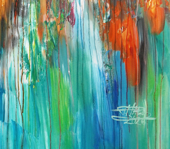Detail des abstrakten Gemäldes. Rot buntes, detailliertes Acrylbild auf Leinwand 