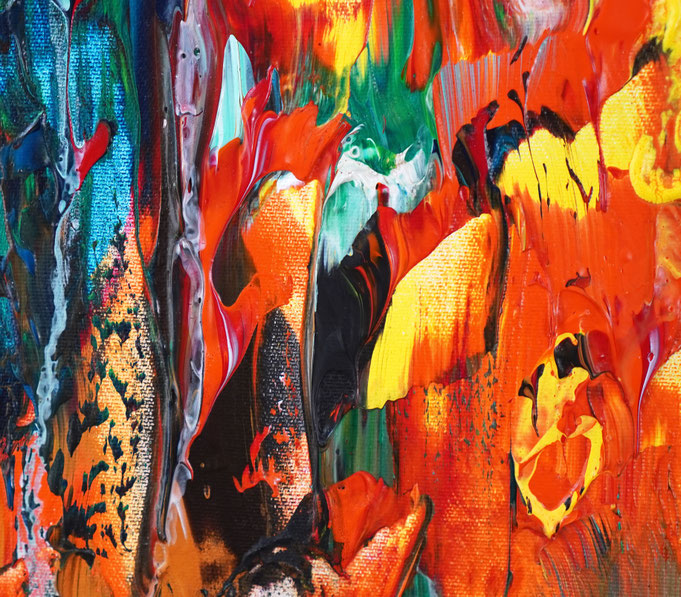 Detail des abstrakten Gemäldes. Rot buntes, detailliertes Acrylbild auf Leinwand 