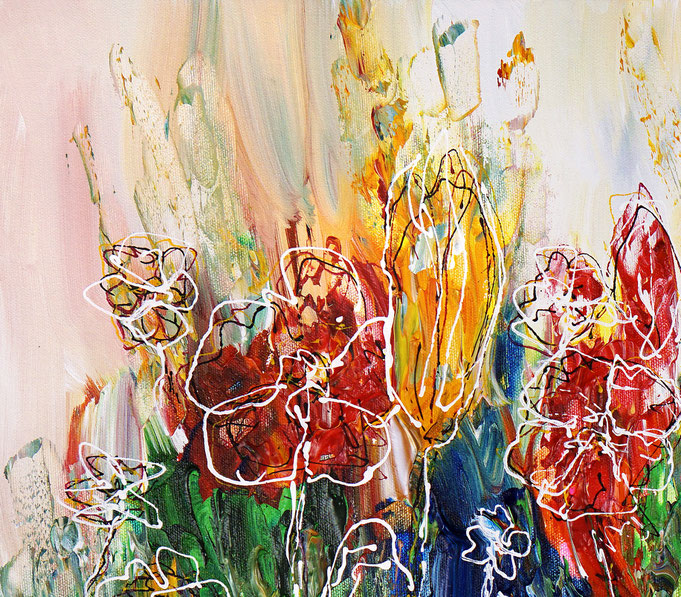 Detail des floralen, abstrahierten Acrylgemädes auf Leinwand vom Kunstmaler Peter Nottrott
