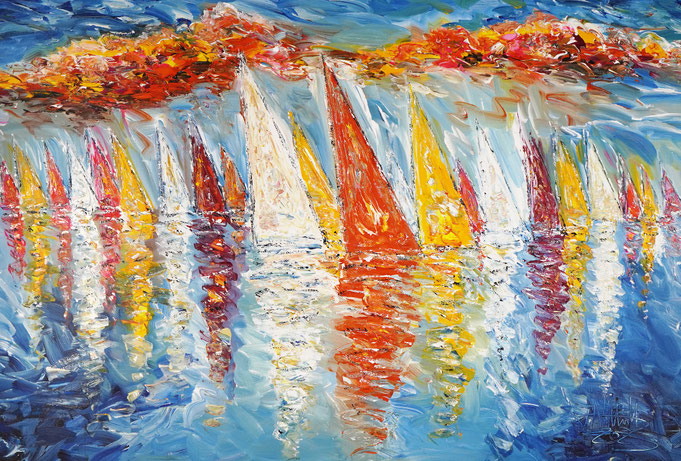 maritimes Gemälde, Segelboot, blau, moderne Kunst,  fertig auf einen Keilrahmen gespannt.
