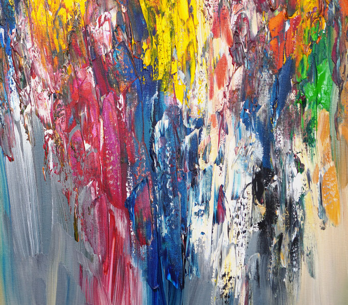 Detailfoto des abstrakten, vielfarbigen Gemäldes A Special Day L 5 im Hochformat von dem Kunstmaler Peter Nottrott