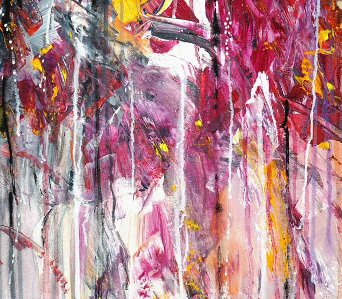 Detail des abstrakten Gemäldes. Rot buntes, detailliertes Acrylbild auf Leinwand 