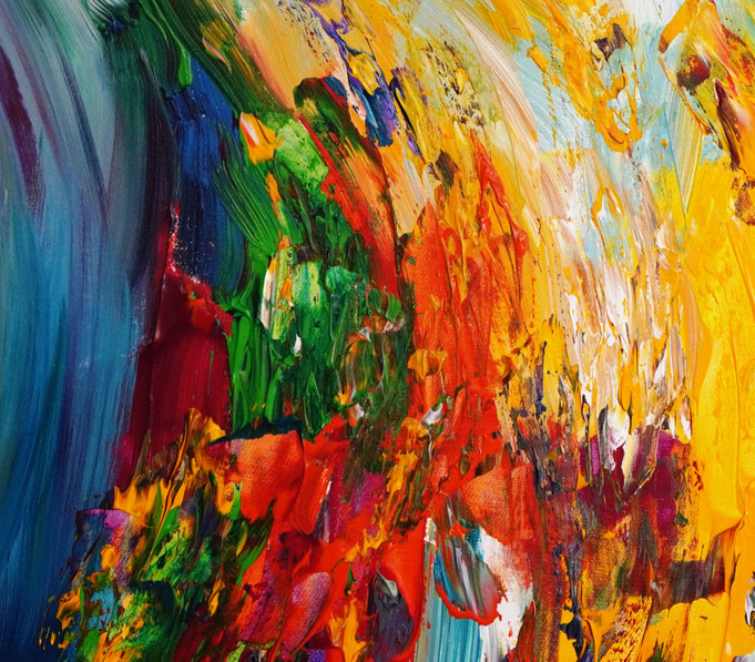 Detail des abstrakten Gemäldes. Rot buntes, detailliertes Acrylbild auf Leinwand 