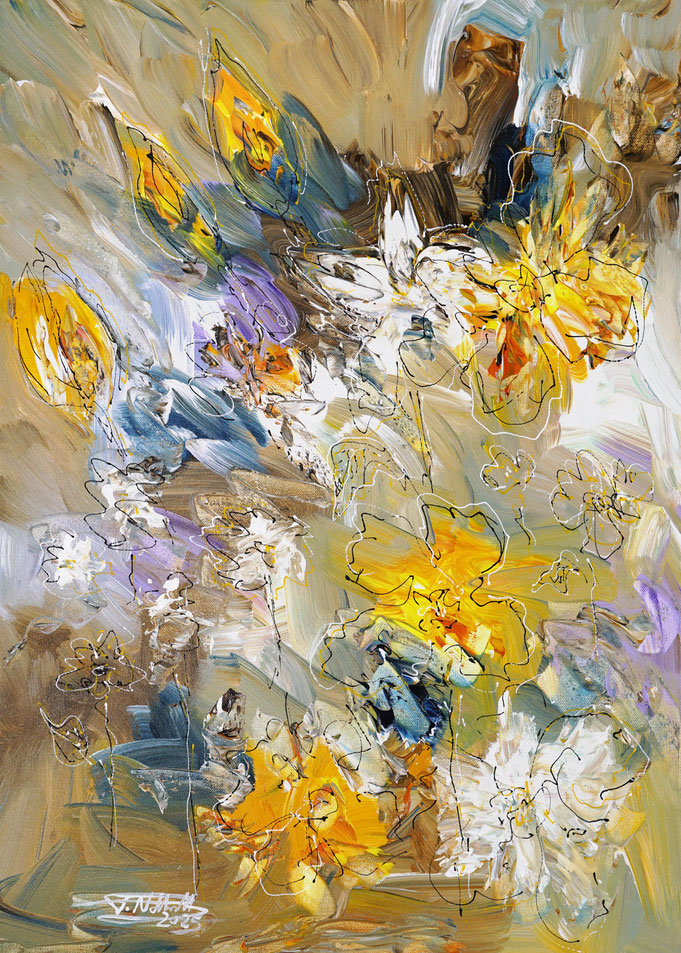 gelb buntes Blumengemälde des Kunstmalers Peter Nottrott im Hochformat 7ß x 50
