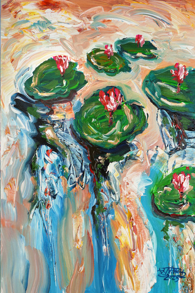 Seerosengemälde von Peter Nottrott im Hochformat 60 x 40