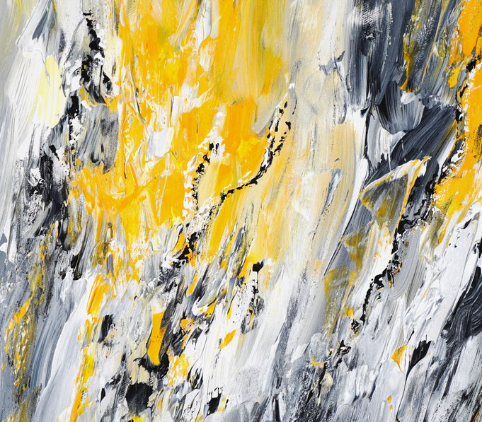 Detail des abstrakten Gemäldes. Gelb graues, detailliertes Acrylbild auf Leinwand 