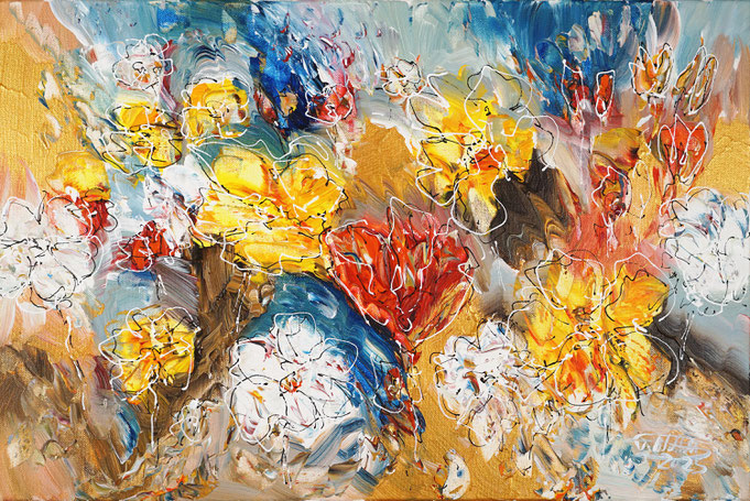 gelb buntes Blumengemälde des Kunstmalers Peter Nottrott im Hochformat 7ß x 50