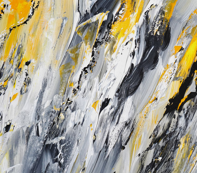 Detail des abstrakten Gemäldes. Gelb graues, detailliertes Acrylbild auf Leinwand 